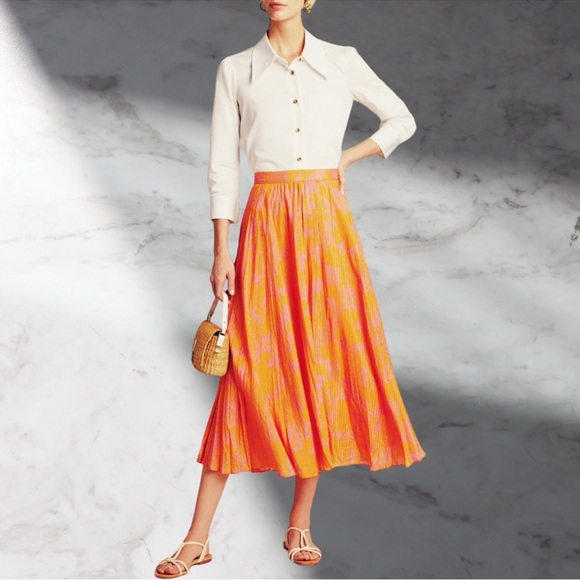 NWT Tanya Taylor ‘Jeana’ Skirt in Orange & Pink Colorblock Floral Ikat Size 2 - Picture 1 of 16